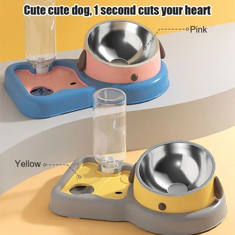 Pet Feeder Bowls Set with Water Bottle - 15° Tilted Design